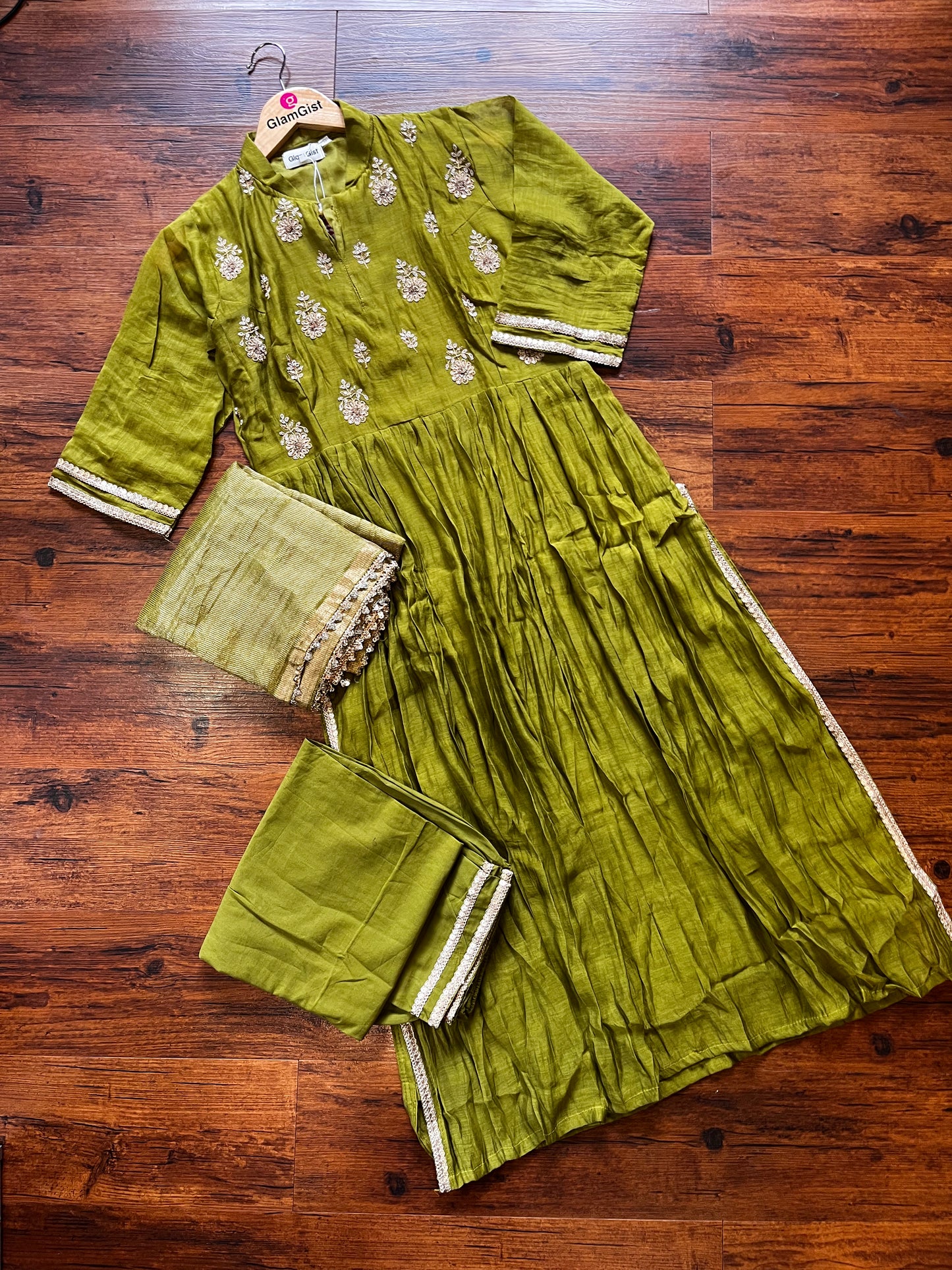 Olive green mul chanderi dress
