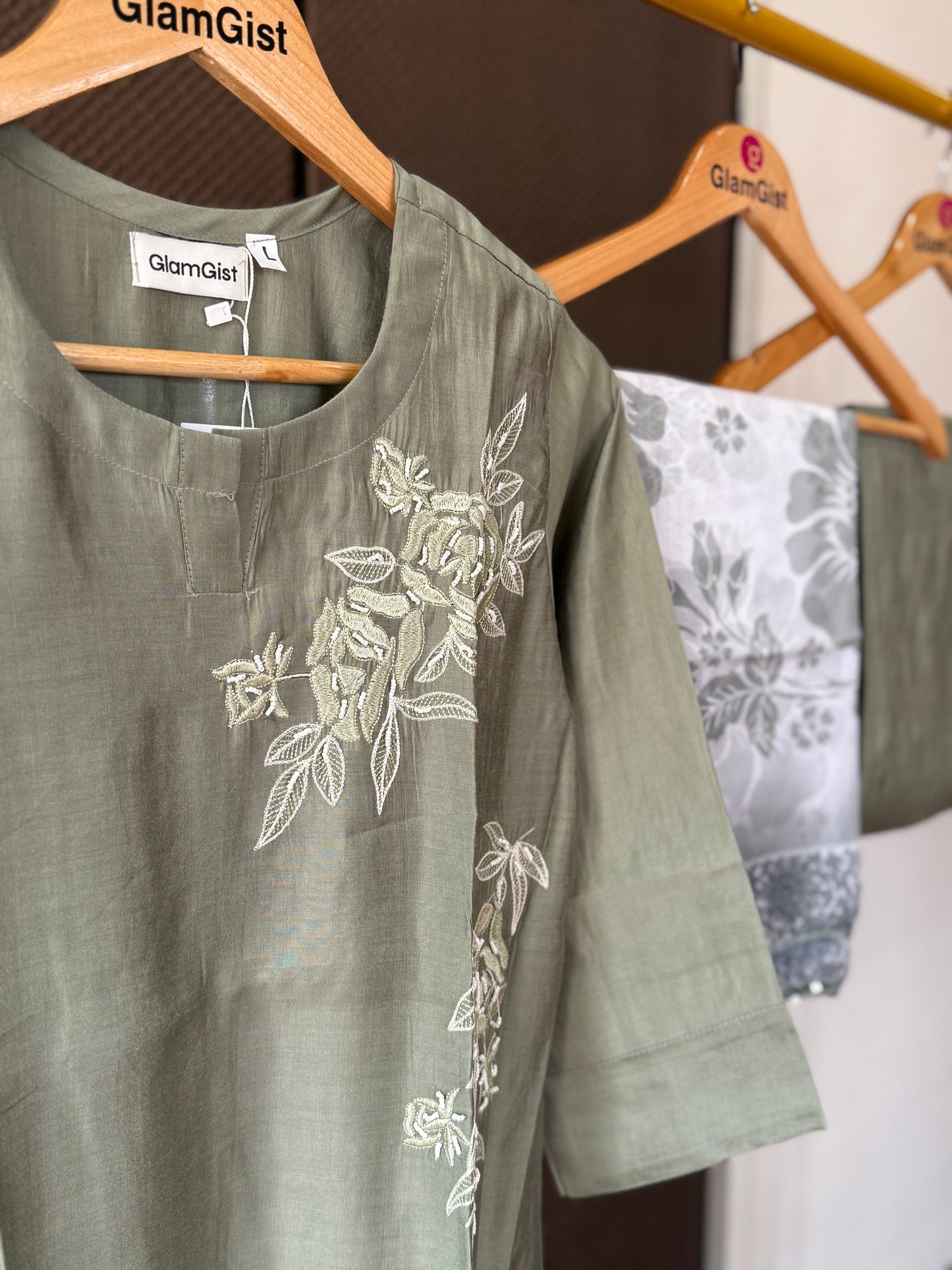 Olive green roman silk kurti set