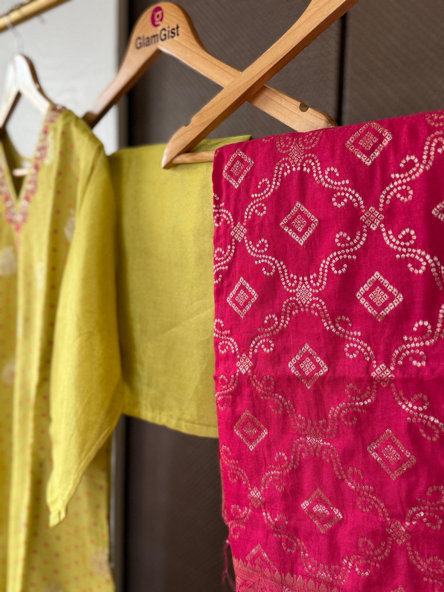 Yellow pure tissue with plazzo pants and red banarasi dupatta
