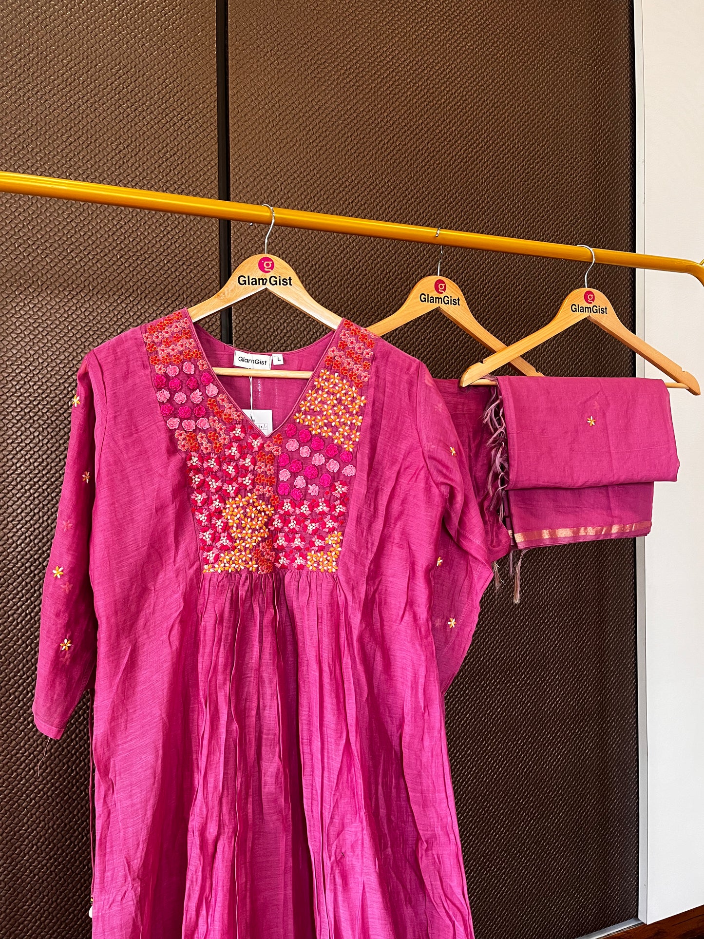 Magenta mul chanderi floral dress
