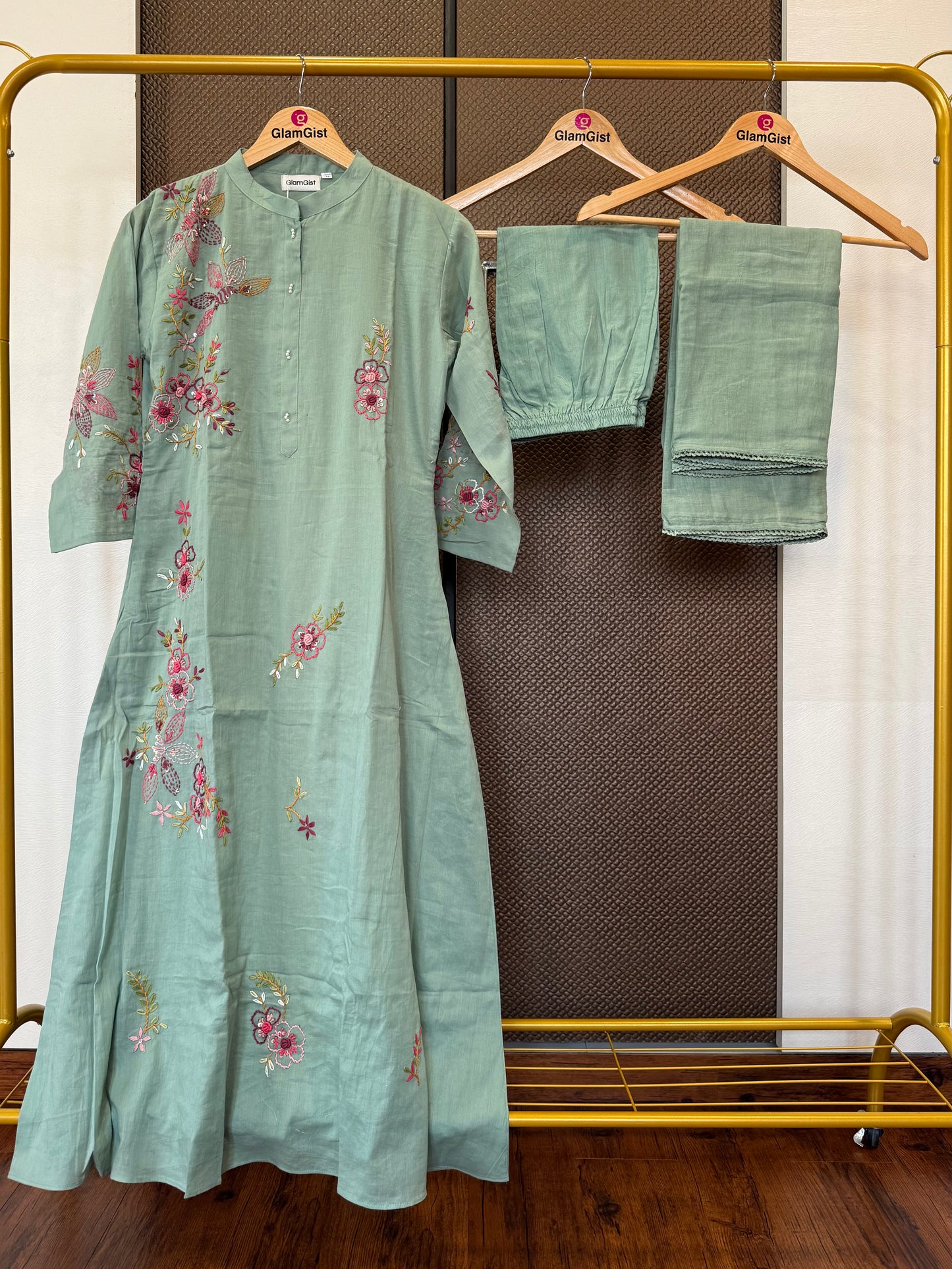 Mint green mul chanderi embroidery kurti set