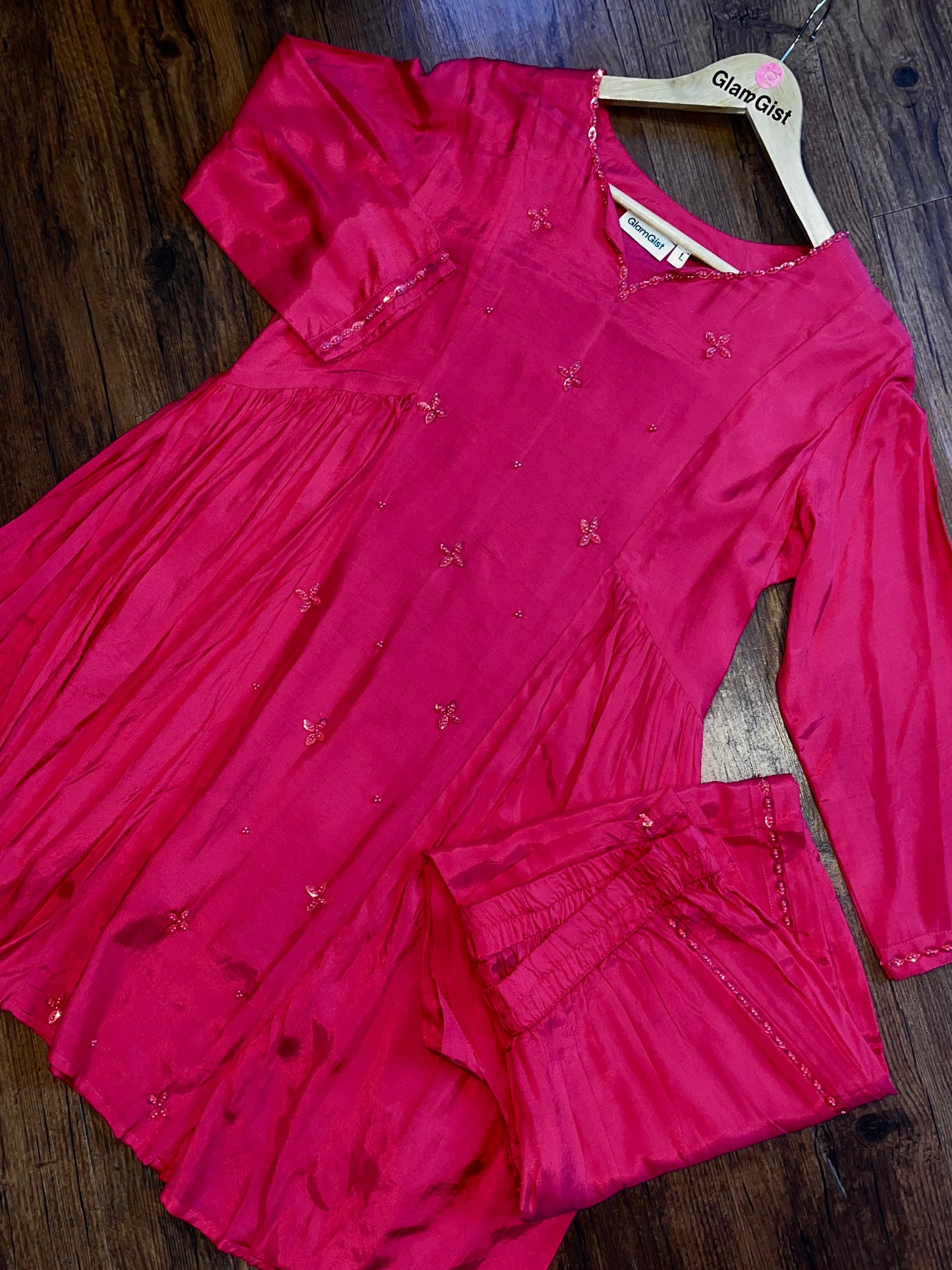 Dark Pink Roman Silk Coord Set with Subtle Detailing