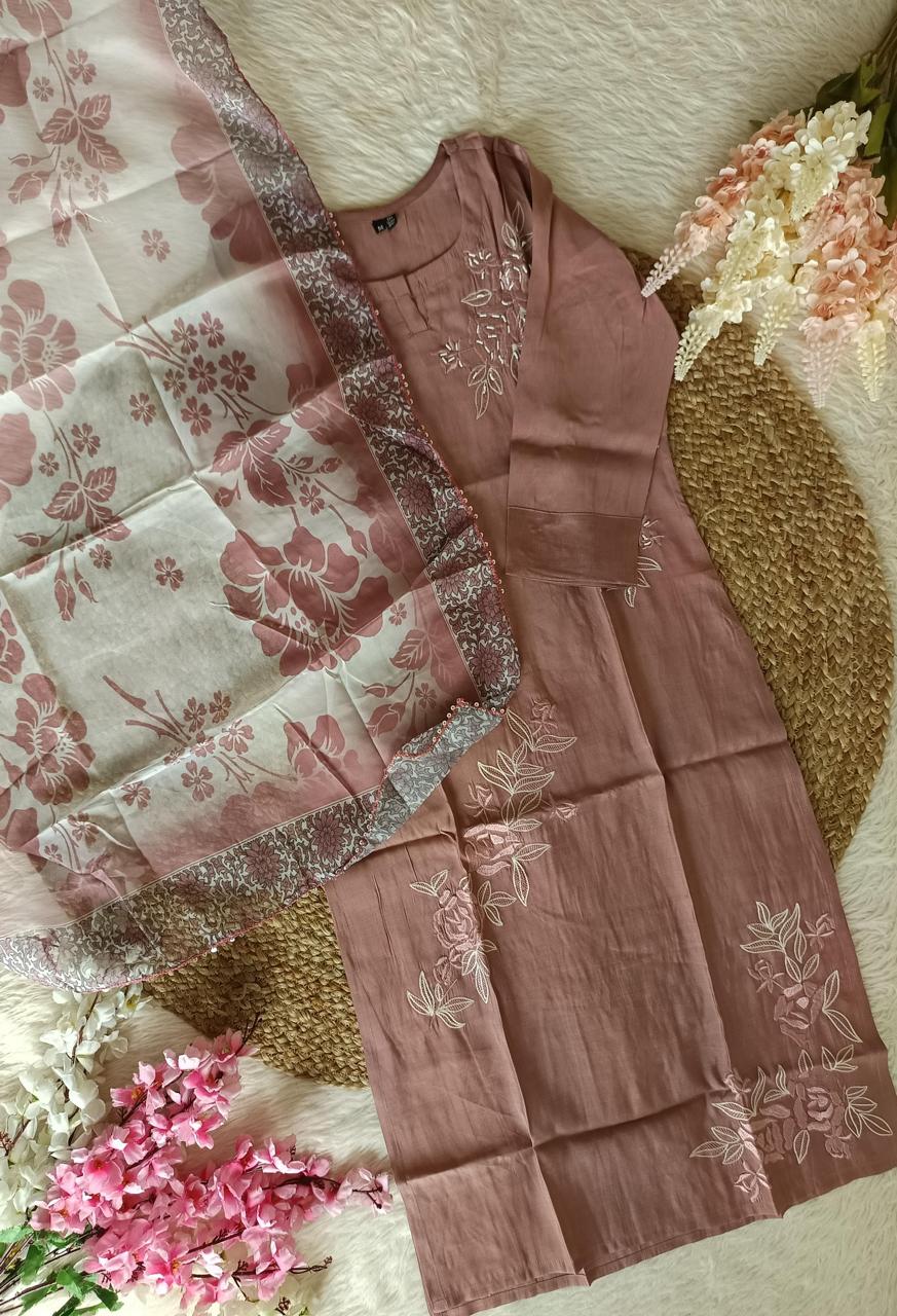 Dusty pink roman silk kurti dupatta pant set