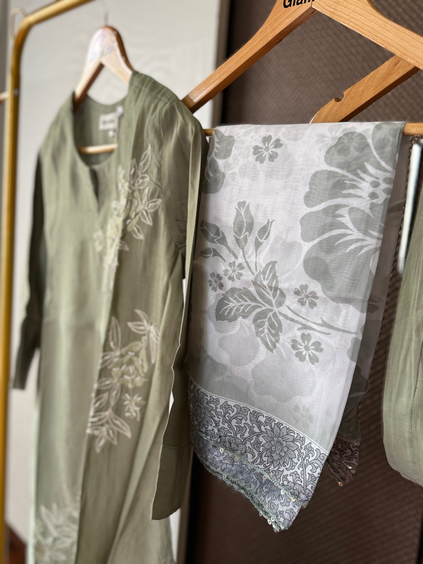 Olive green roman silk kurti set