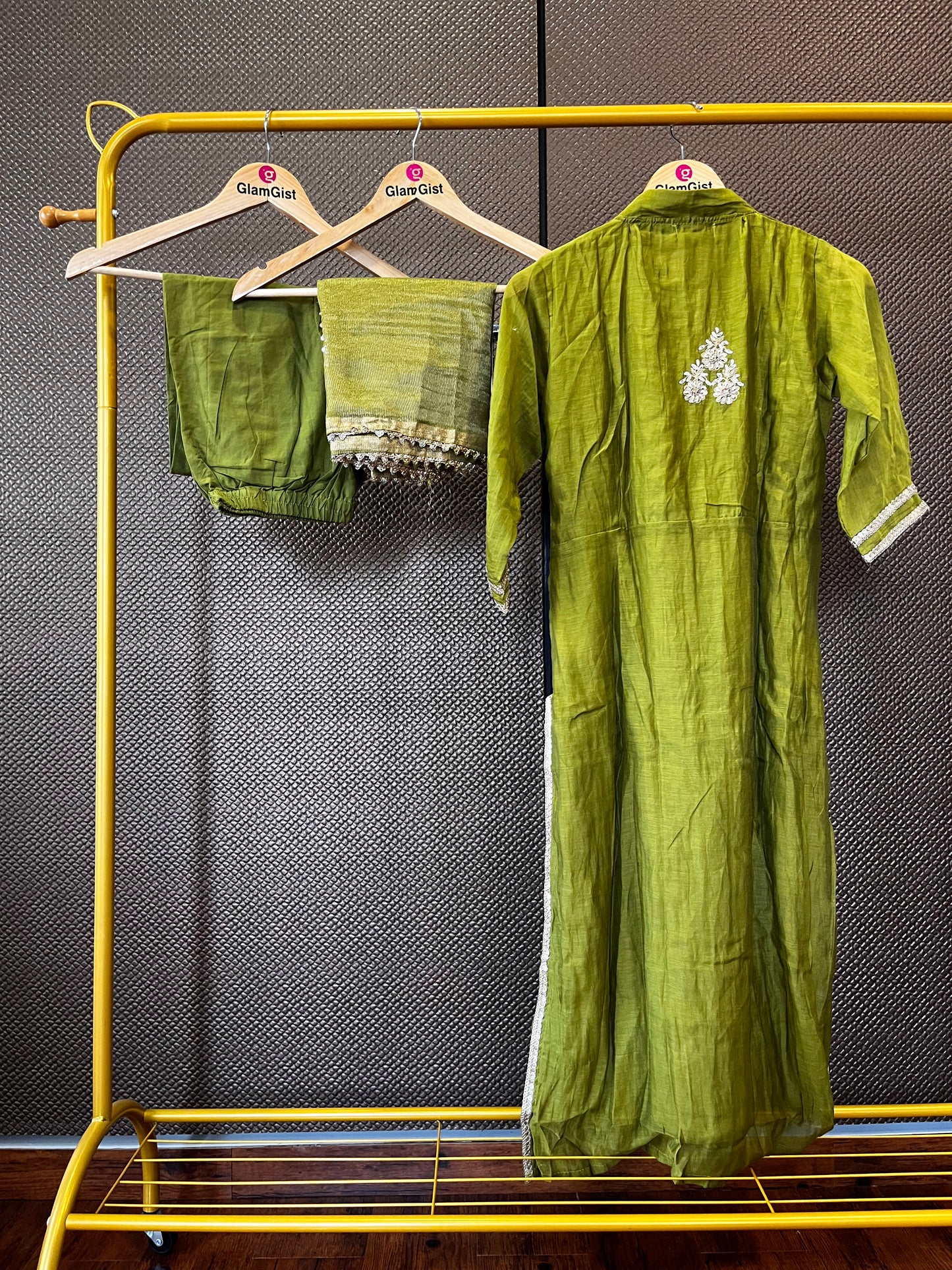 Olive green mul chanderi dress
