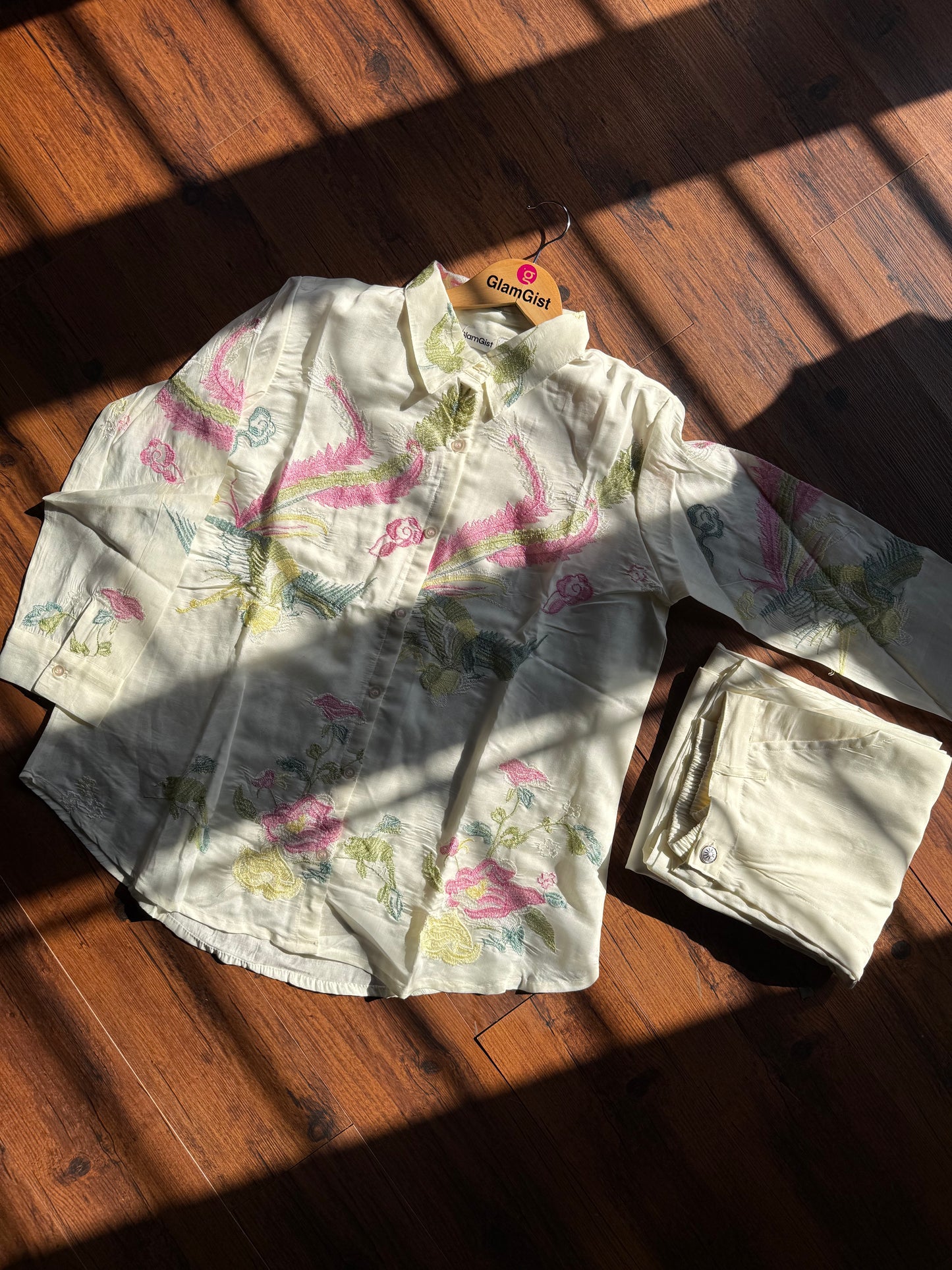 White floral roman silk coord set