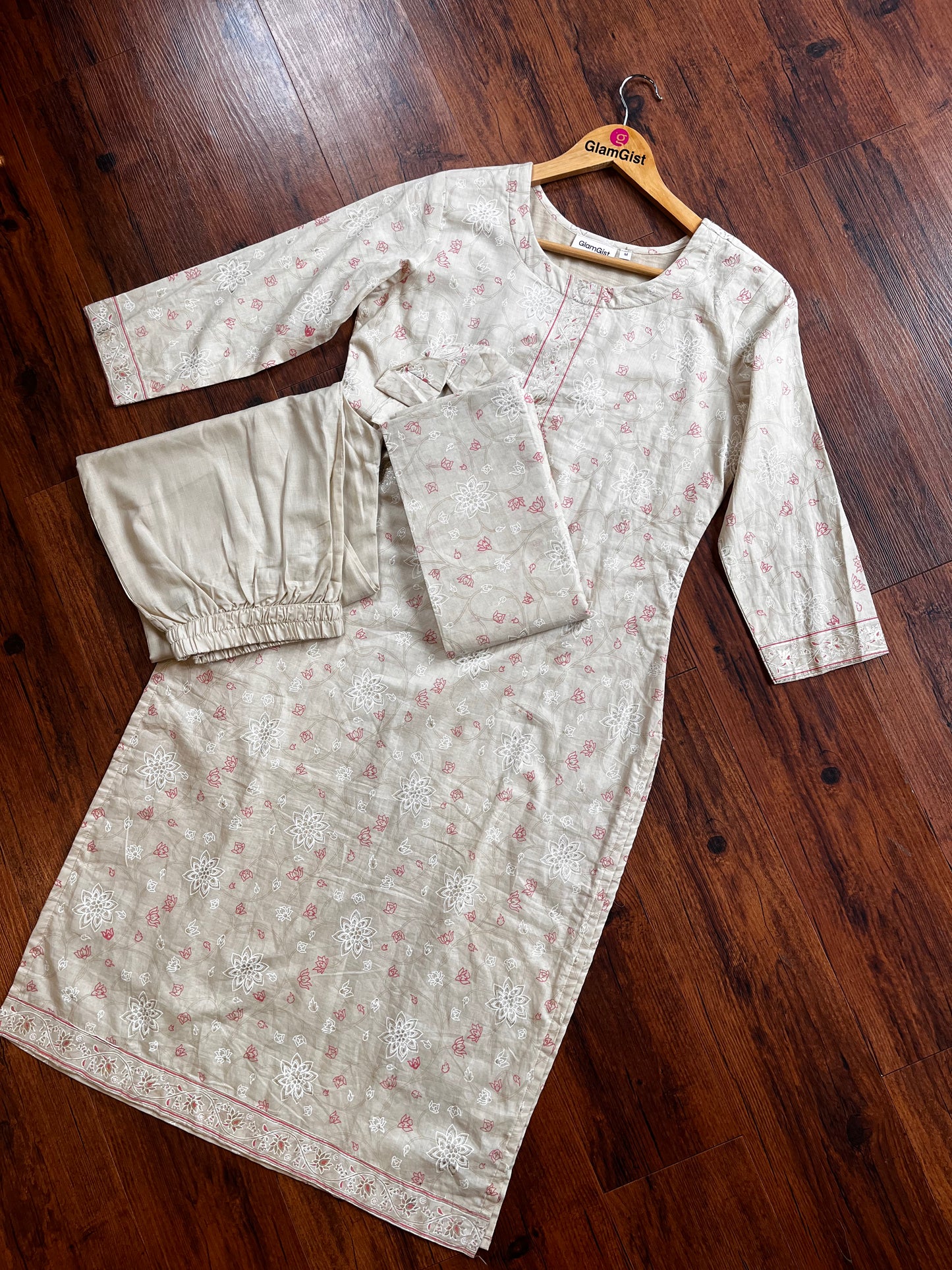 Beige Mul Cotton Kurti Set