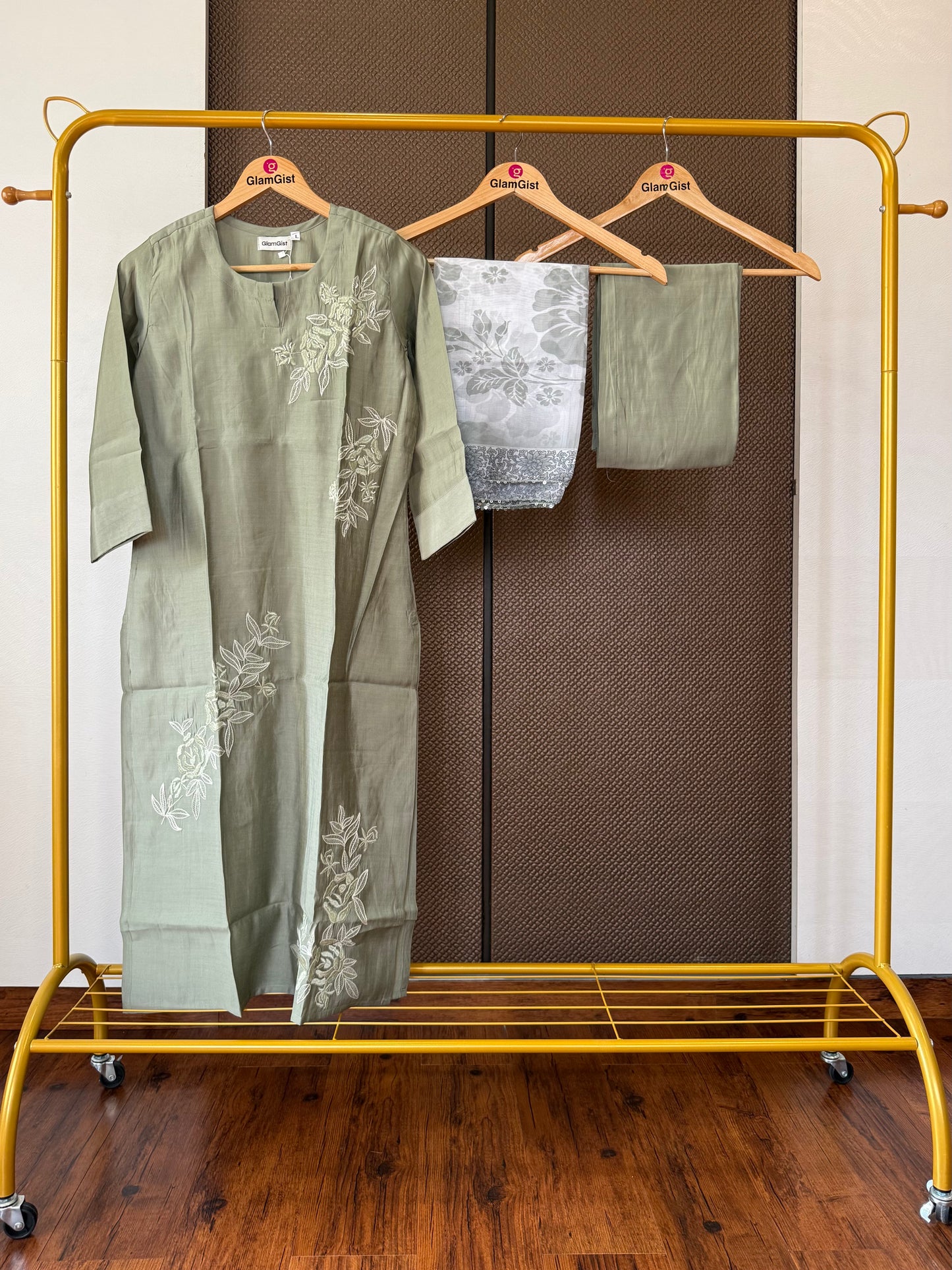 Olive green roman silk kurti set