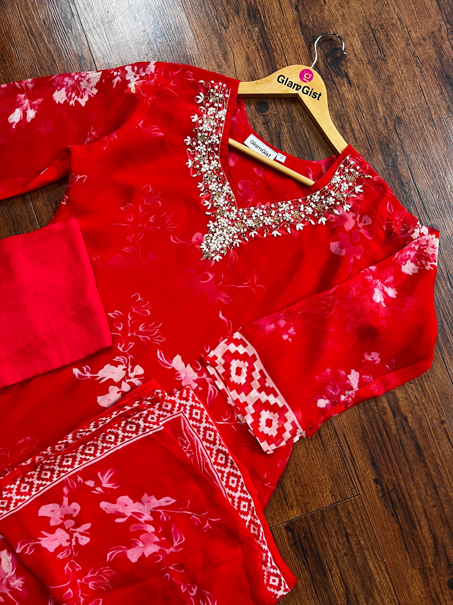 Pure Soft Organza Silk Handwork Dupatta Dress (Red)