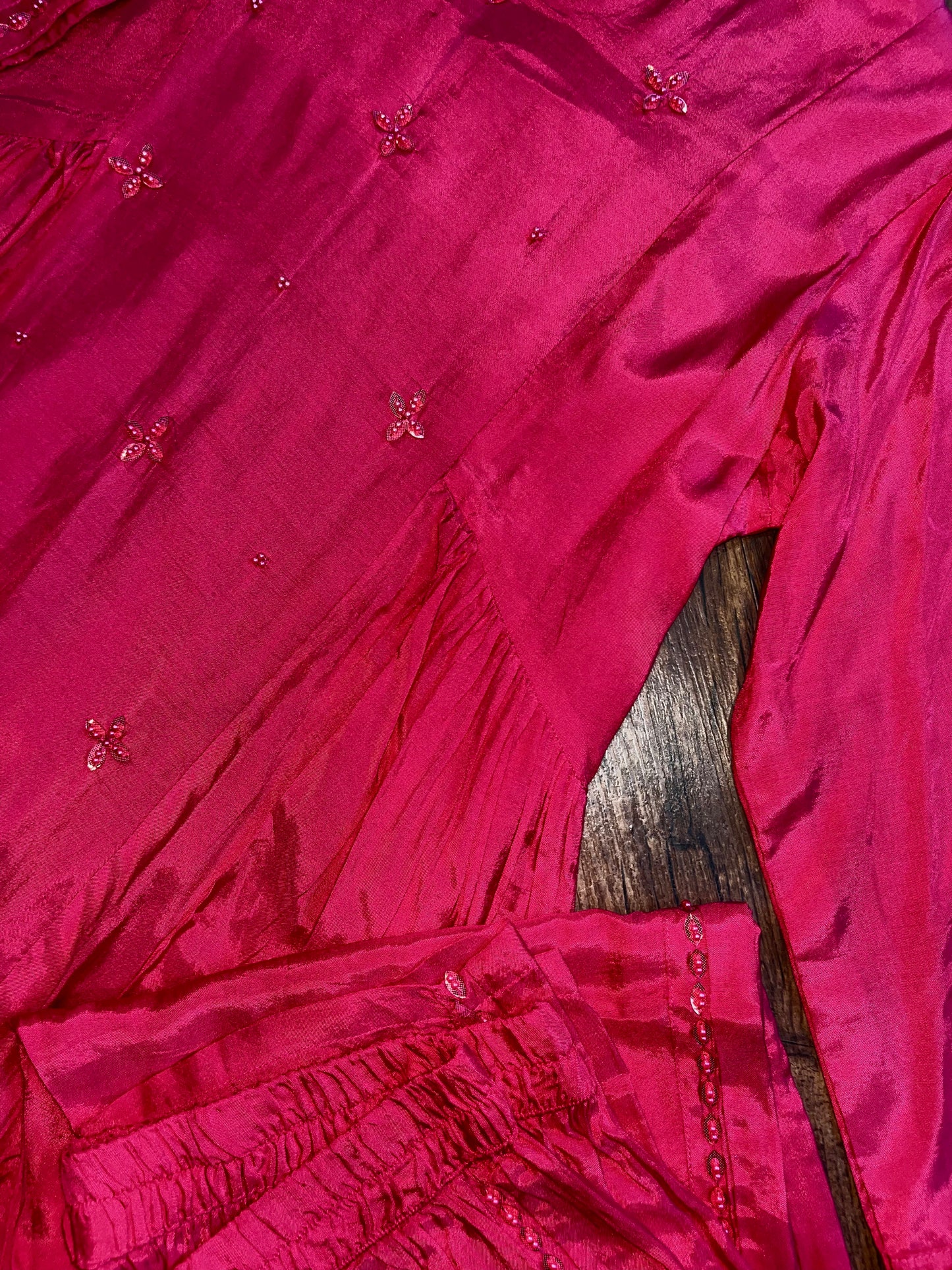 Dark Pink Roman Silk Coord Set with Subtle Detailing