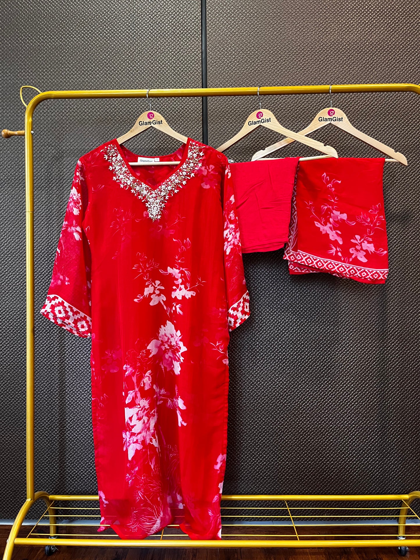 Pure Soft Organza Silk Handwork Dupatta Dress (Red)