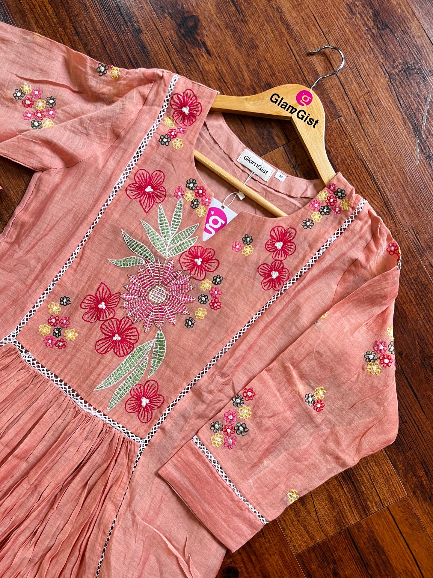 Peach mul chanderi threadwork kurti pant set