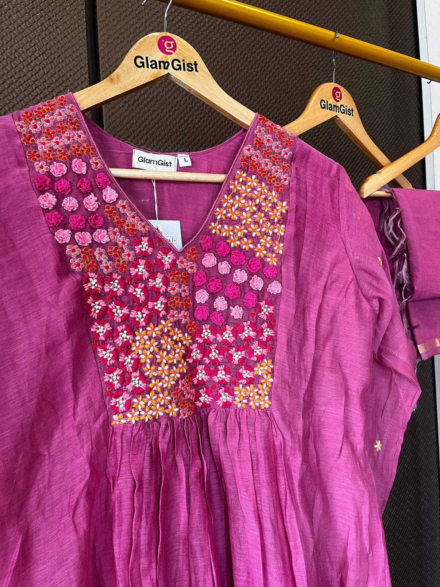 Magenta mul chanderi floral dress