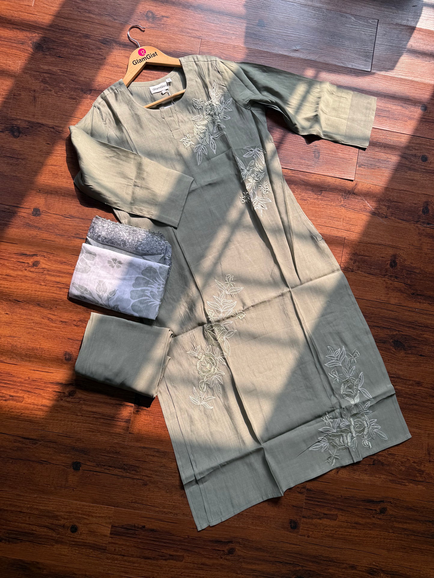 Olive green roman silk kurti set
