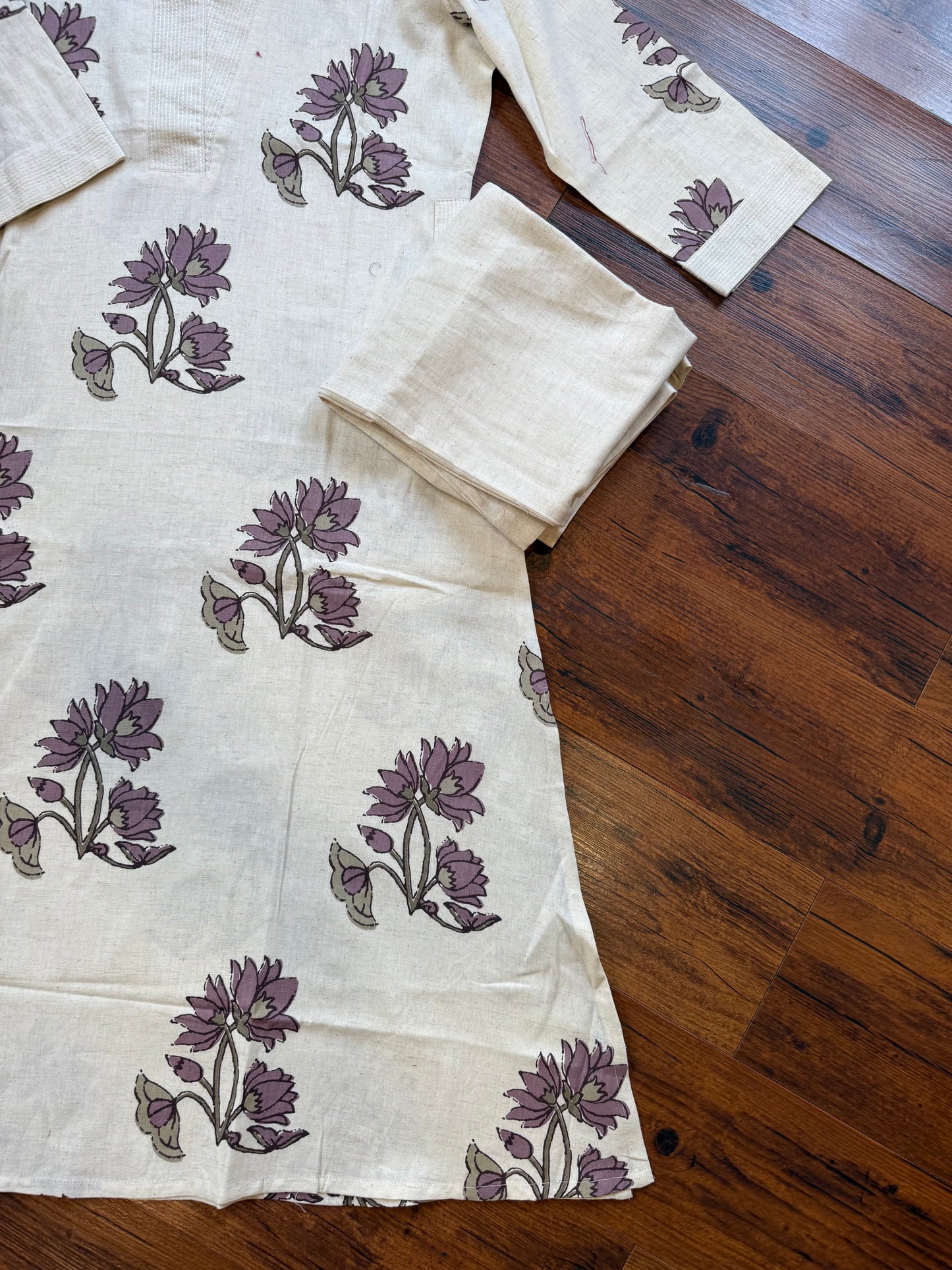 Beige floral handblock cotton kurti pant set