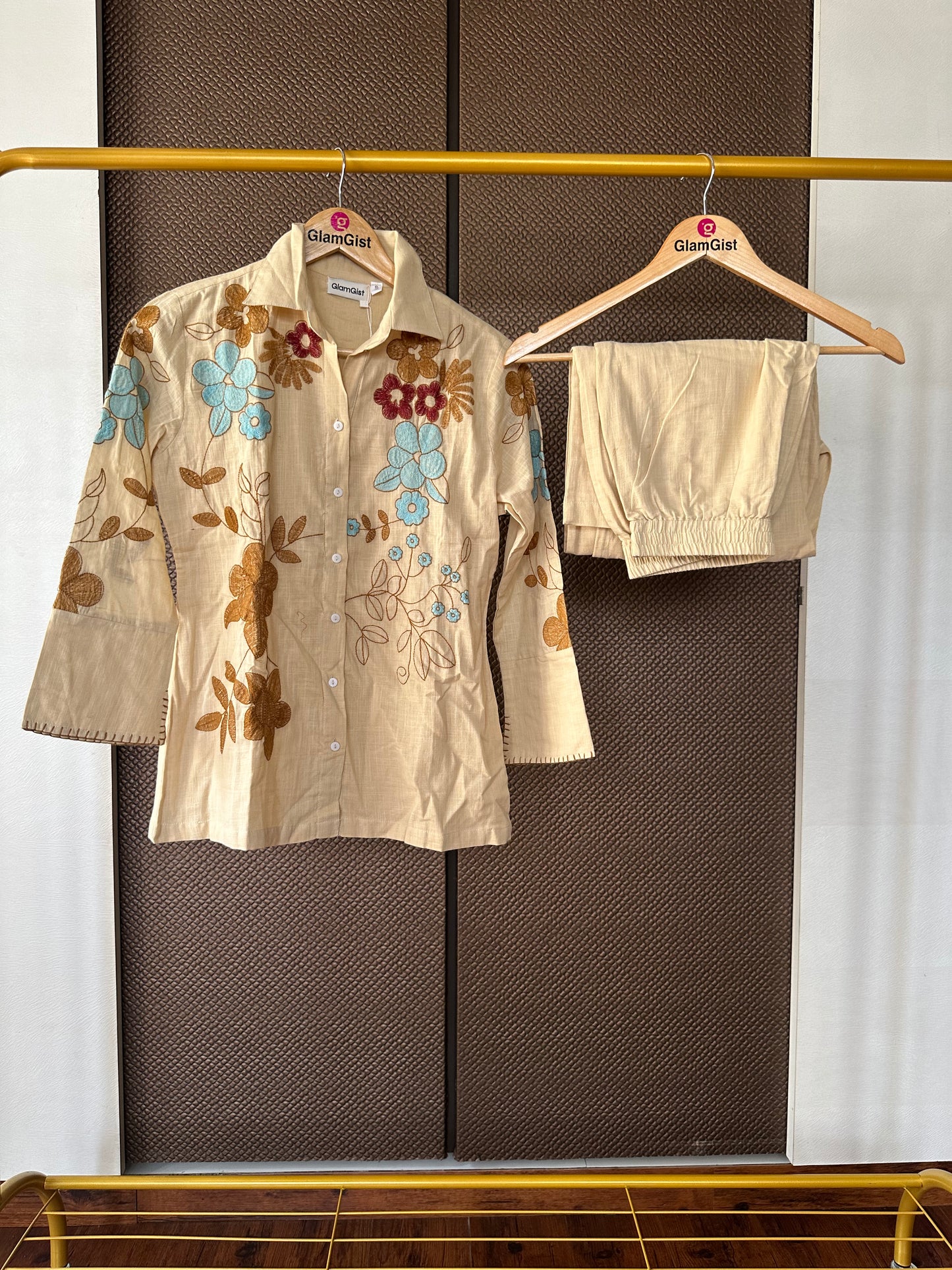 Beige Blossom Embroidered Coord Set
