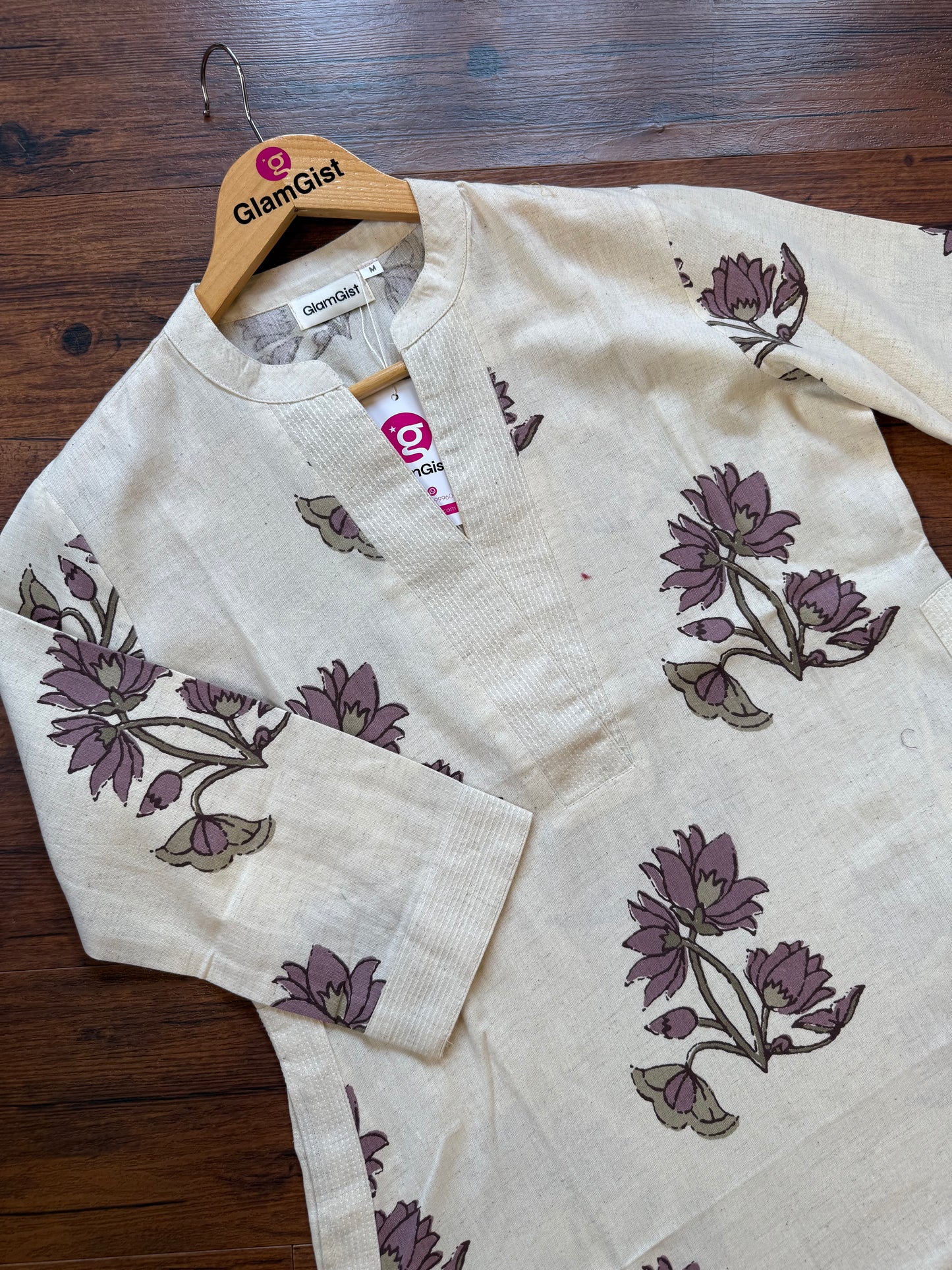 Beige floral handblock cotton kurti pant set