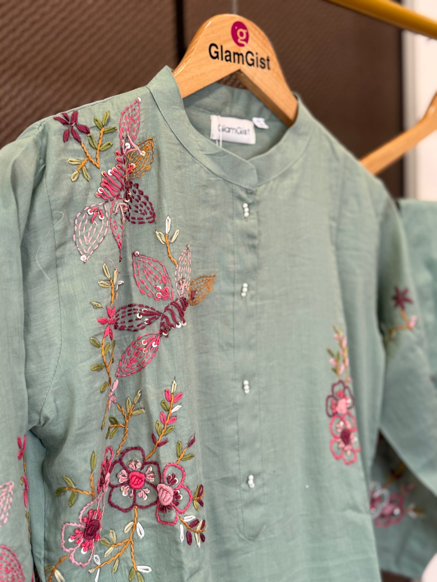 Mint green mul chanderi embroidery kurti set