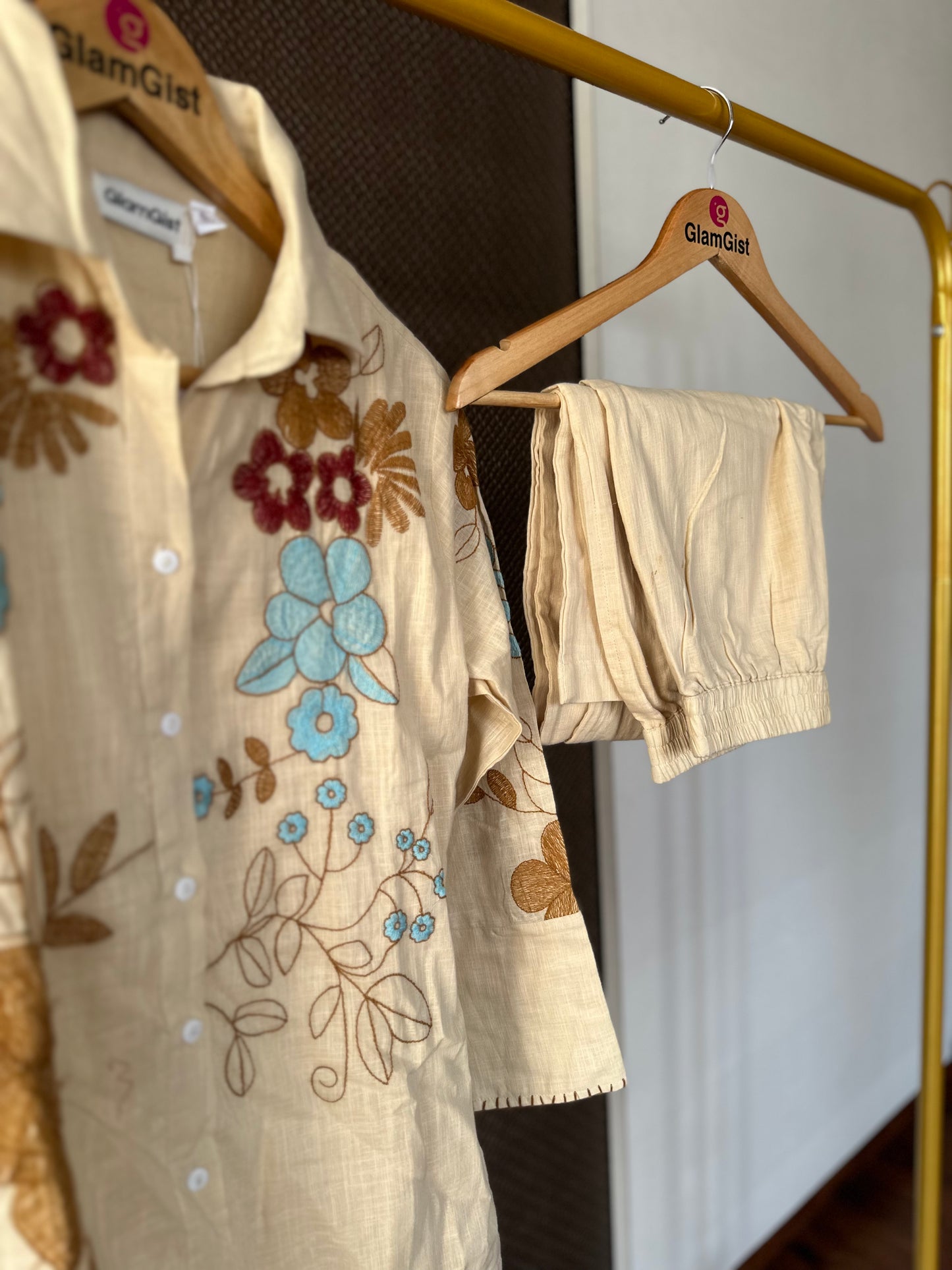 Beige Blossom Embroidered Coord Set