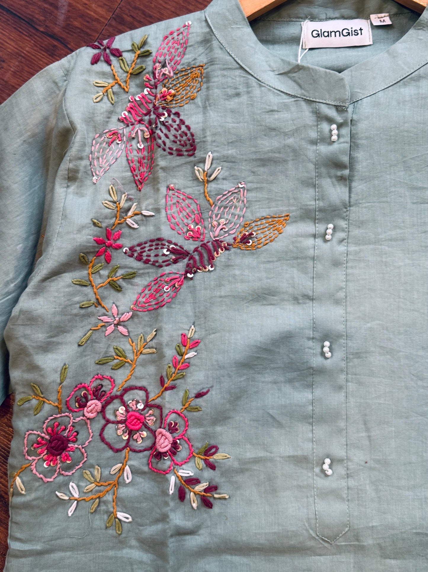 Mint green mul chanderi embroidery kurti set