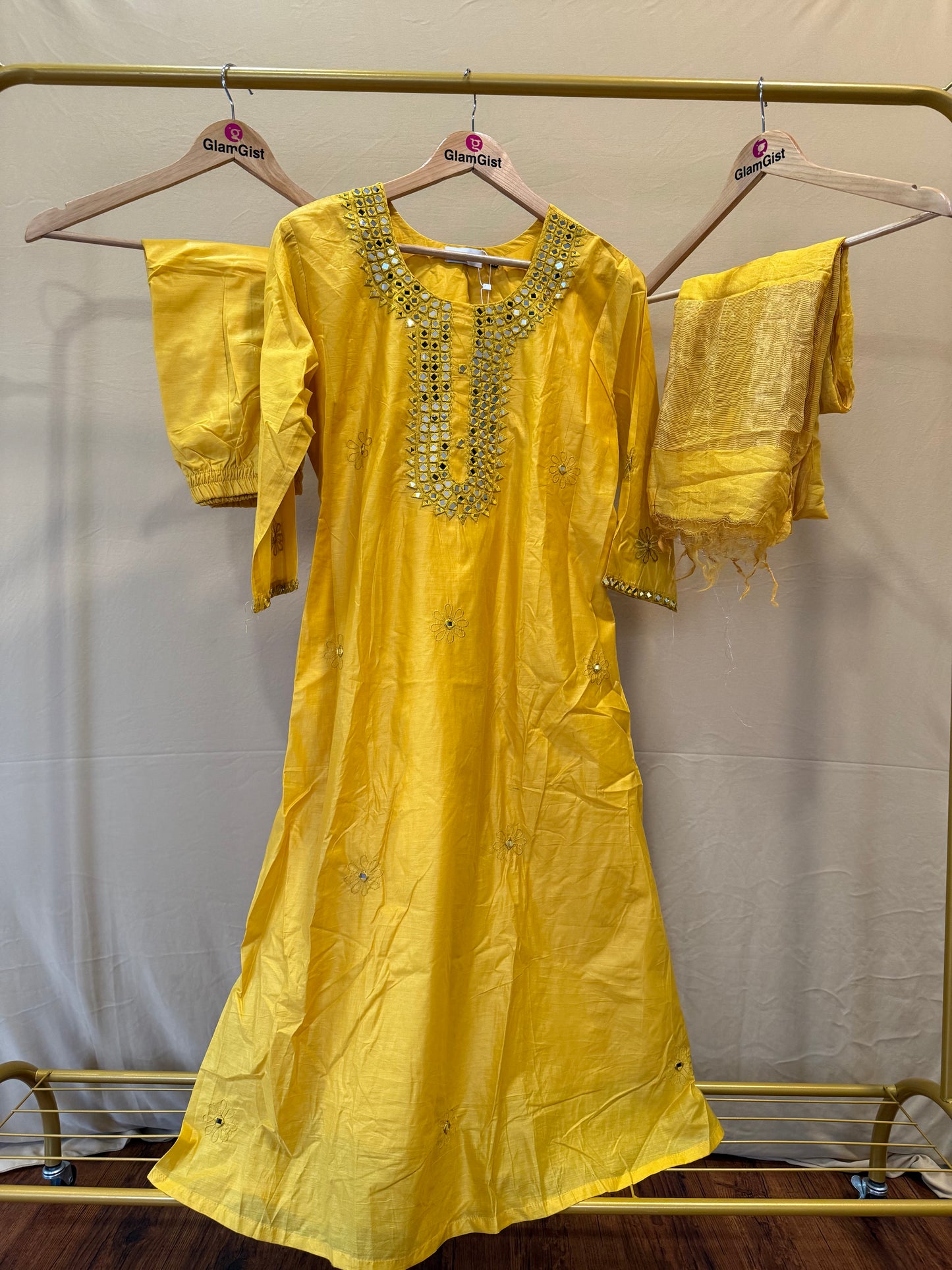 Yellow mirror work Mul Chanderi set