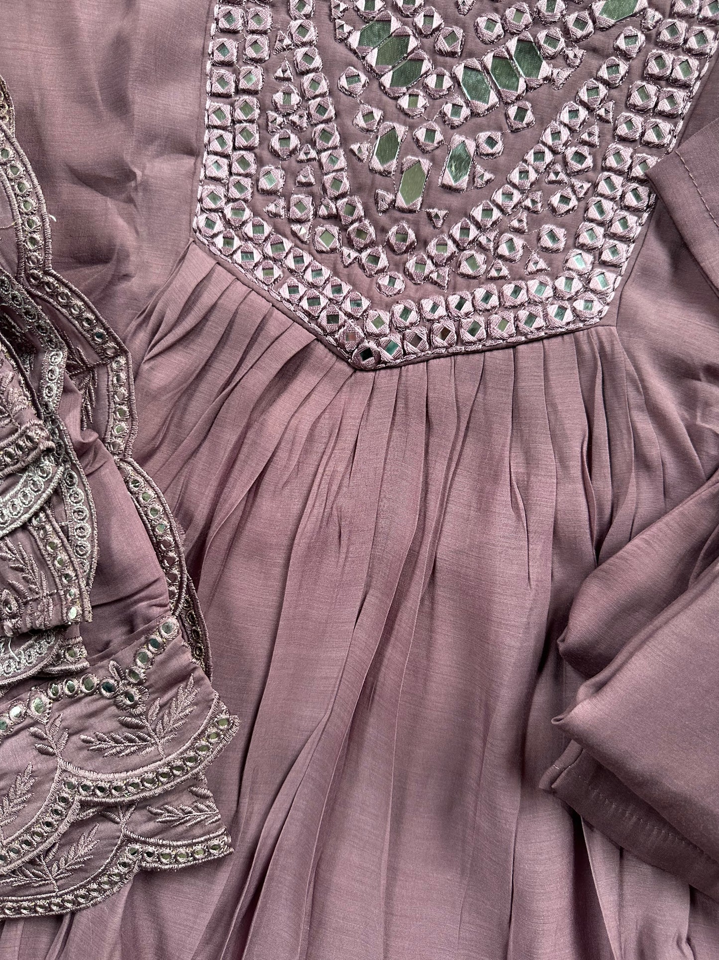 Mauve mirror work Mul Chanderi set