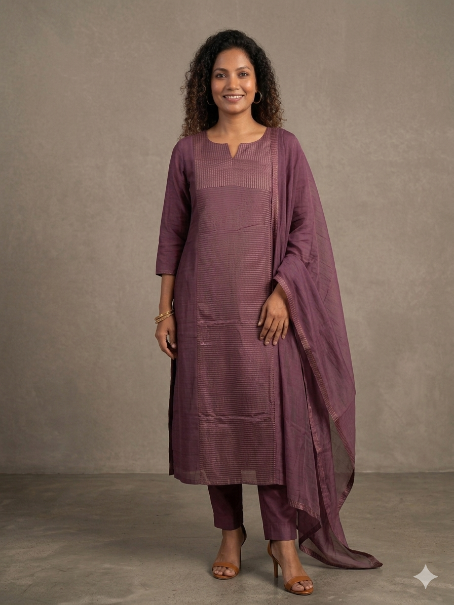 Mauve Mul Chanderi Pinstripe Kurti Set