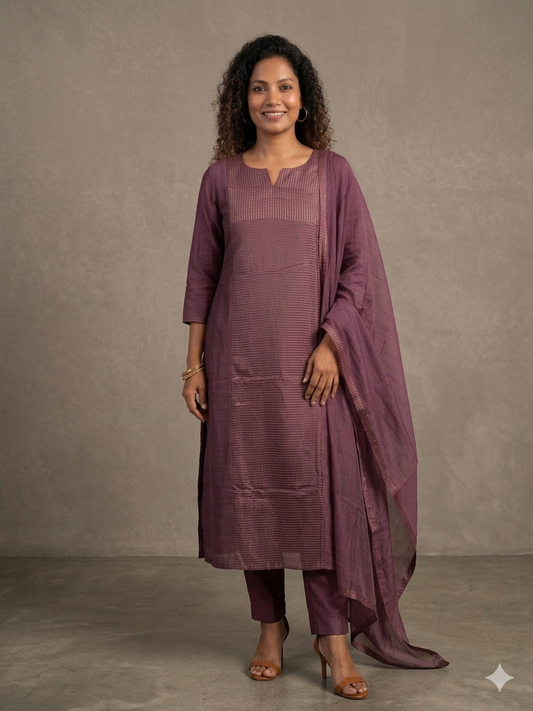 Mauve Mul Chanderi Pinstripe Kurti Set