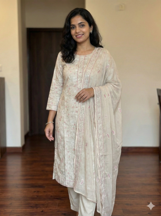 Beige Mul Cotton Kurti Set