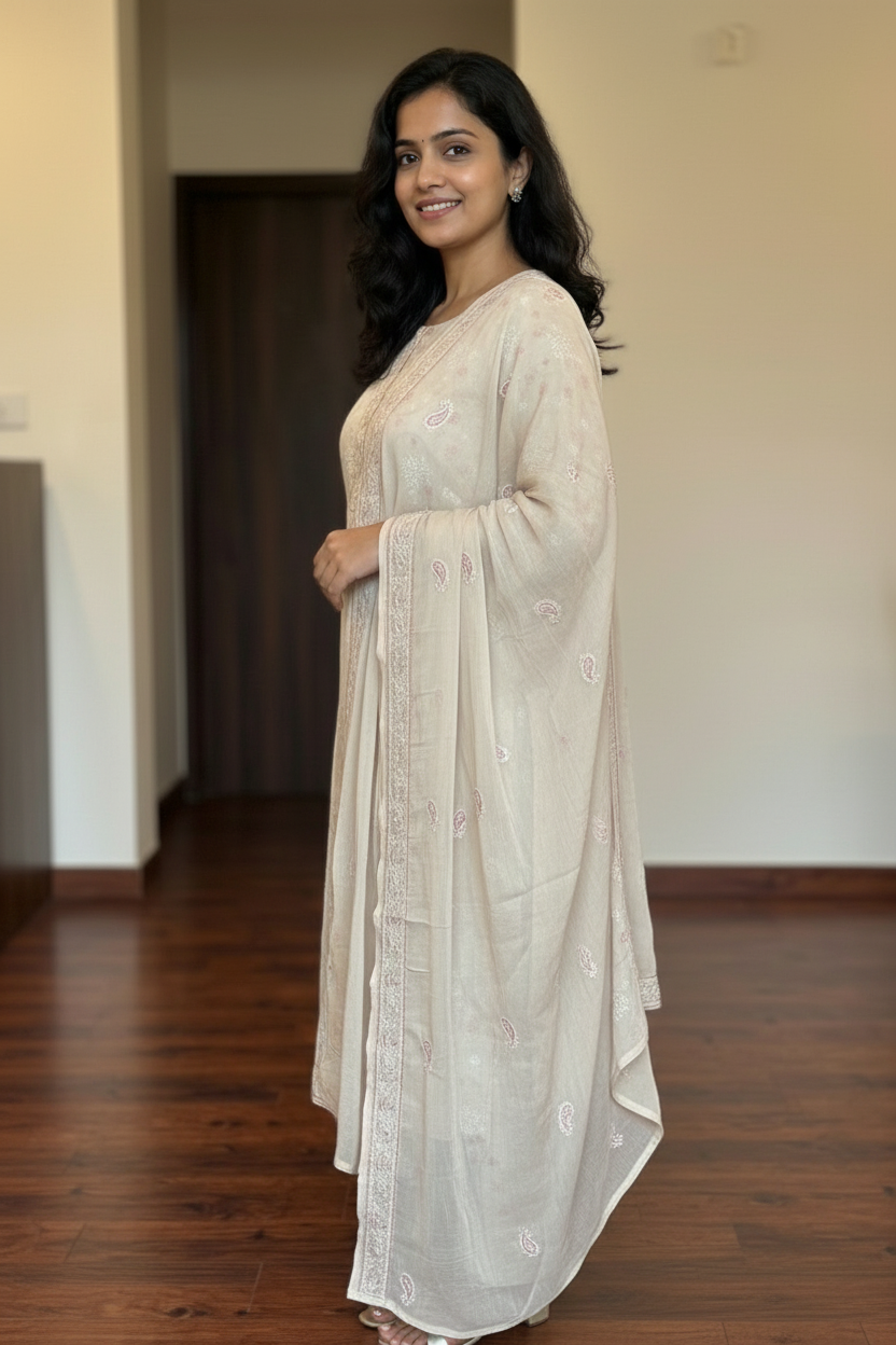 Beige Mul Cotton Kurti Set