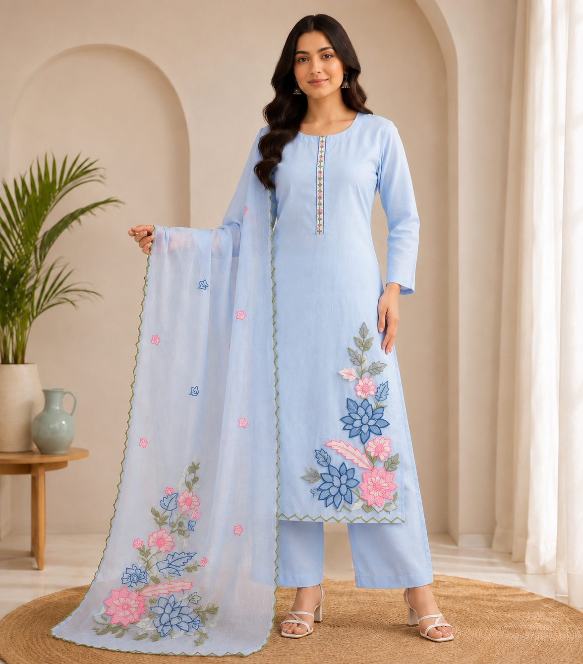 Sky blue appliqué embroidered cotton set