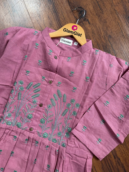 Dusty mauve embroidered Kurti pant set with teal embroidery