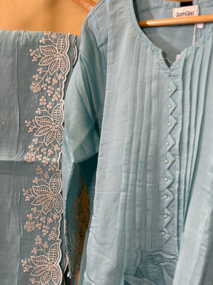 Sea blue Mul Chanderi set