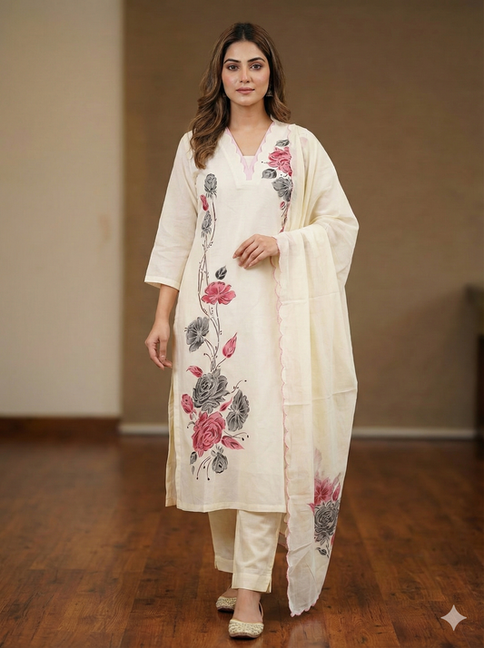 Off white russian silk floral kurti set