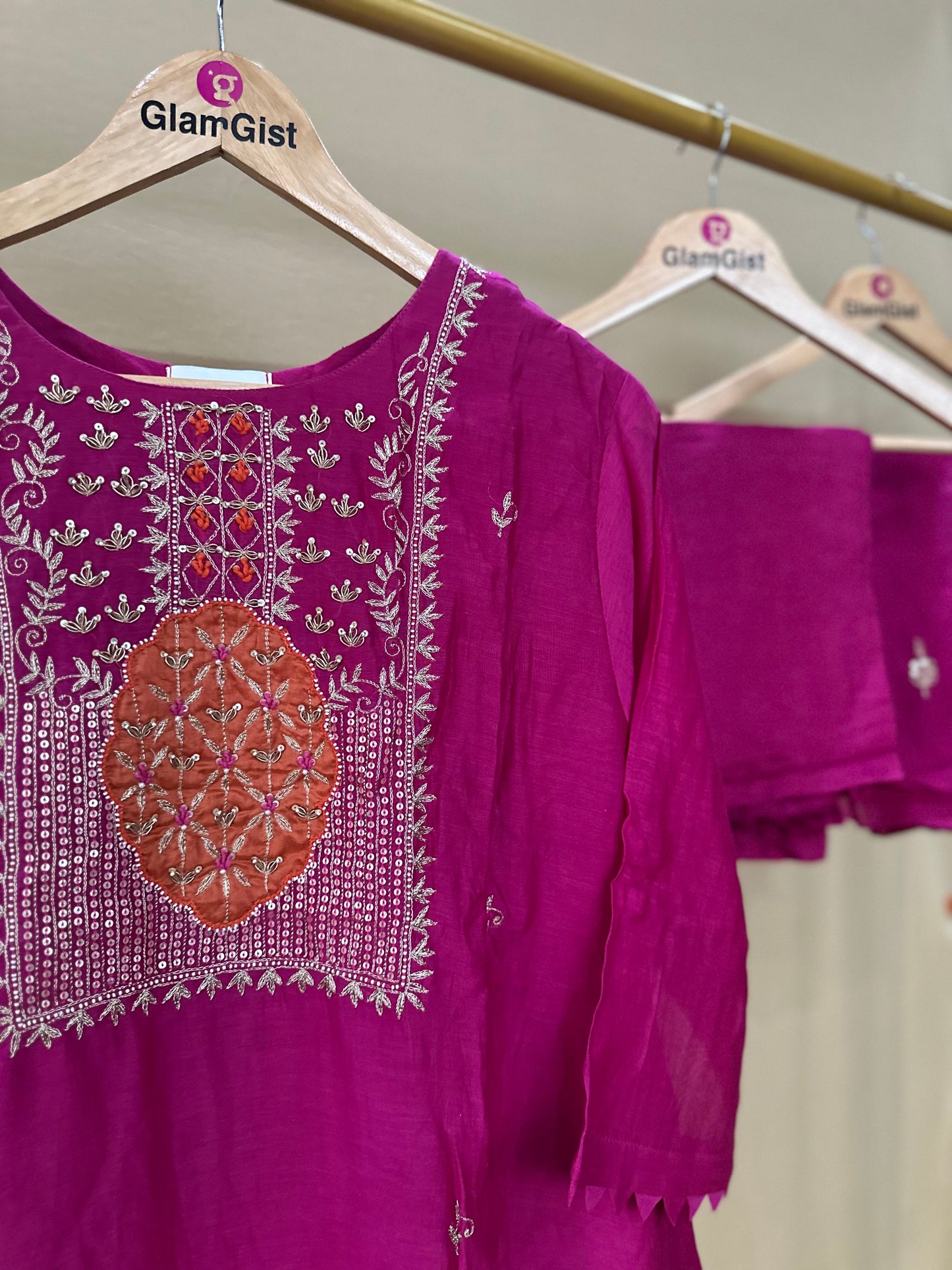 Zari Embroidered Fuchsia Mul Chanderi Set
