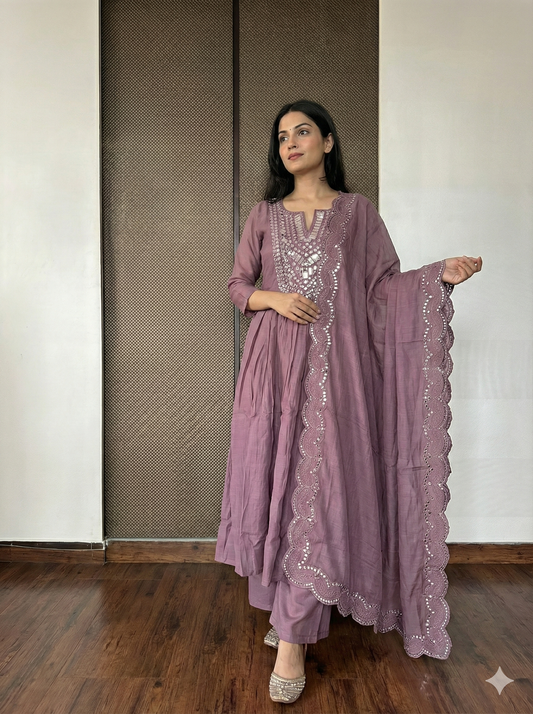 Mauve mirror work Mul Chanderi set