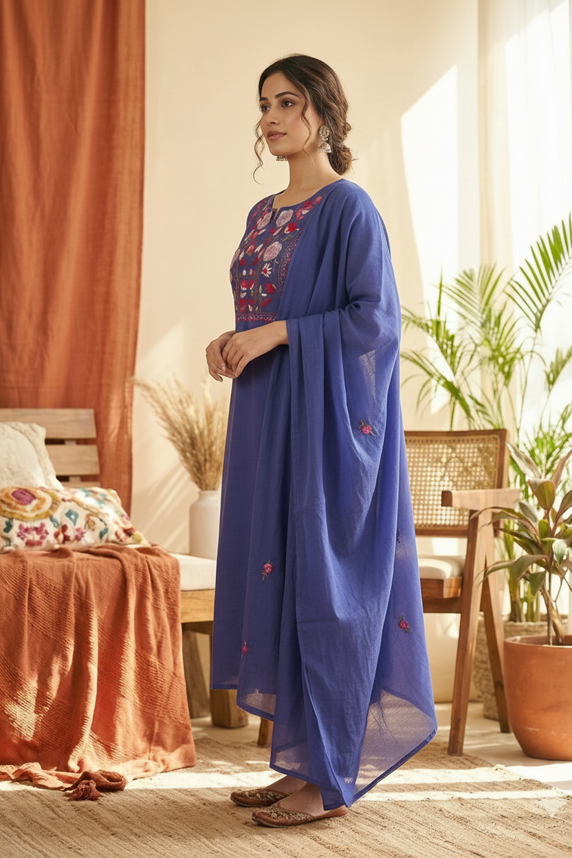 Lavender thread work russian silk dress