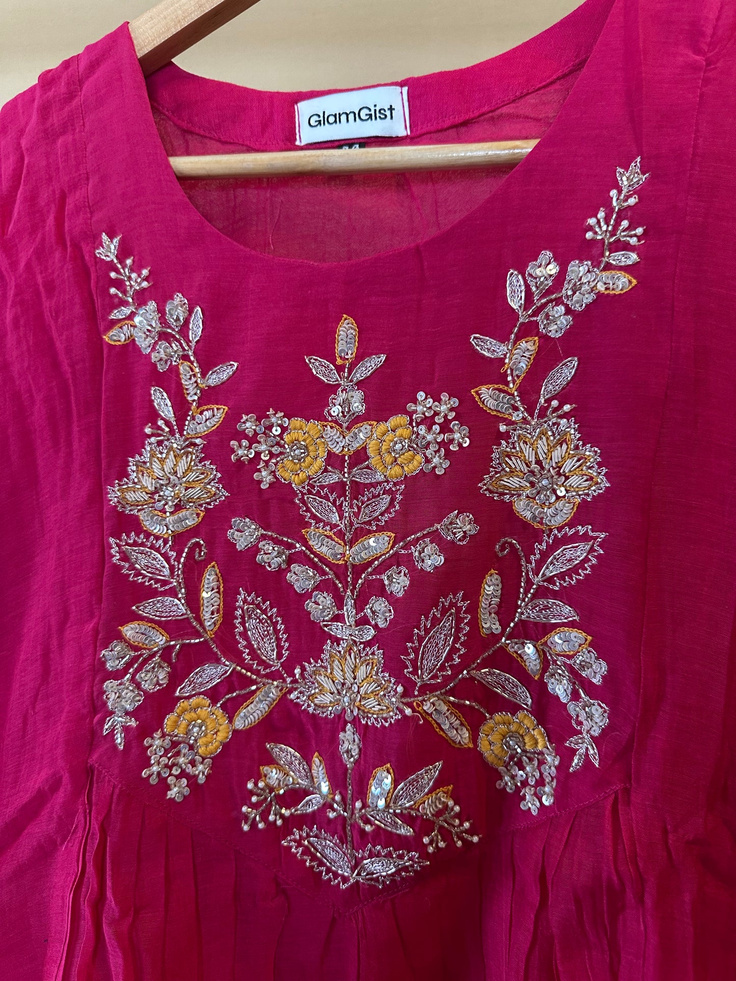 Fuchsia Pink Hand-Embroidered Mul Chanderi Kurta Set