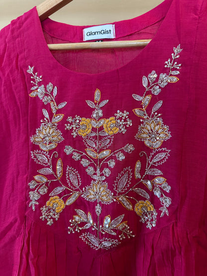 Fuchsia Pink Hand-Embroidered Mul Chanderi Kurta Set
