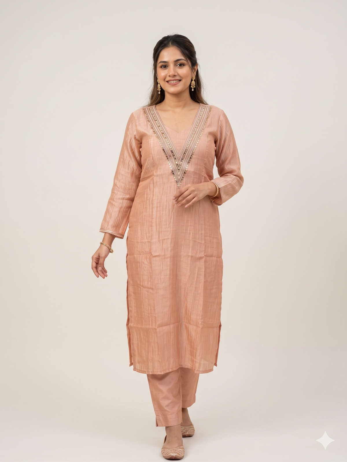 Pastel Peach Crushed Salsa Tissue Embroidered Kurta & Trousers Co-ord