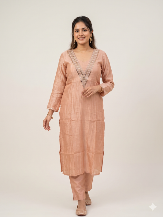 Pastel Peach Crushed Salsa Tissue Embroidered Kurta & Trousers Co-ord