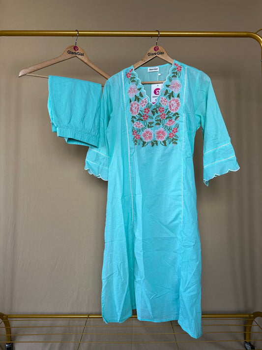 Aqua blue V-neck with scalloped finishing Kurti pant set