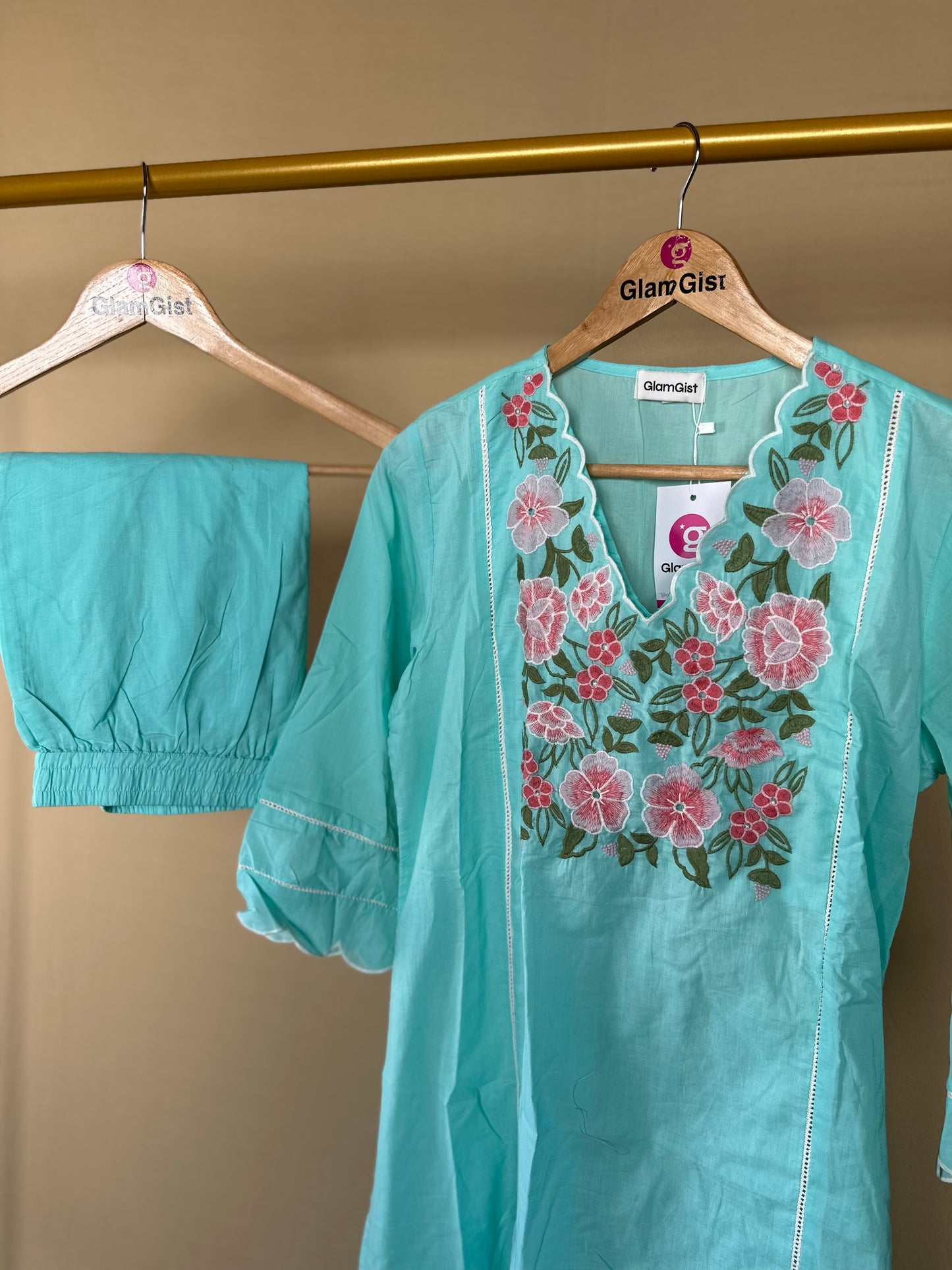 Aqua blue V-neck with scalloped finishing Kurti pant set