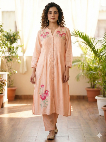 Peach muslin kurti with pants