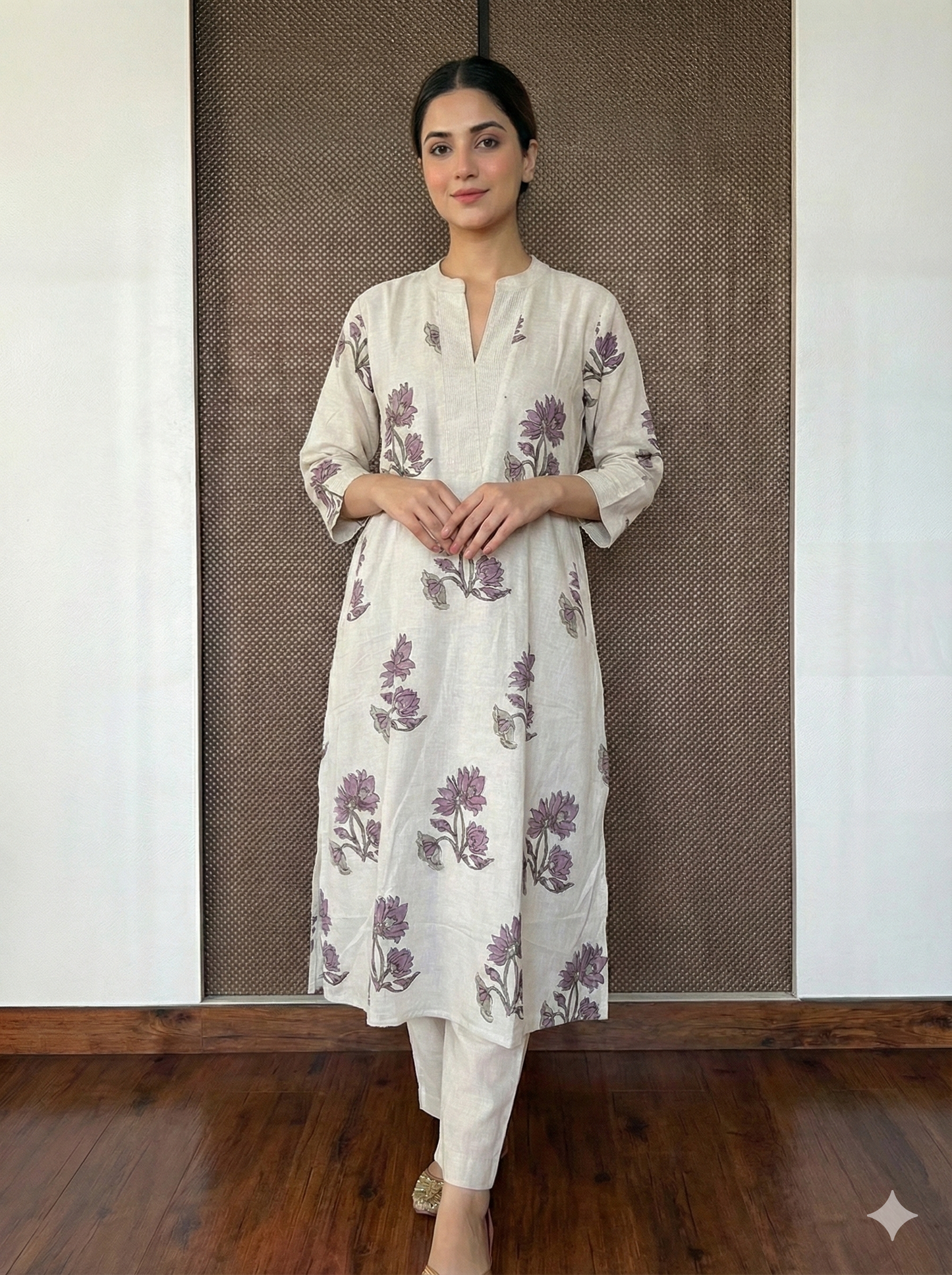 Beige floral handblock cotton kurti pant set