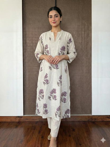 Beige floral handblock cotton kurti pant set