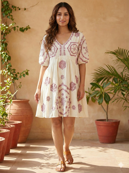 White short tunic with lavender embroidery