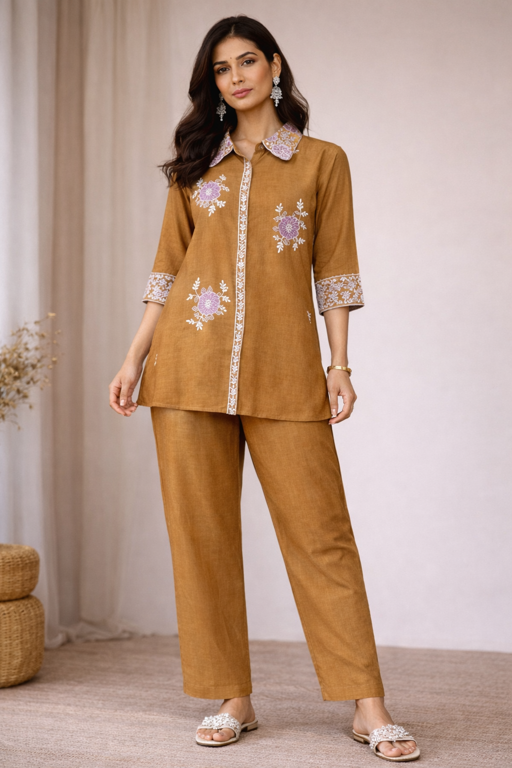 Mustard Floral Embroidered Coord set