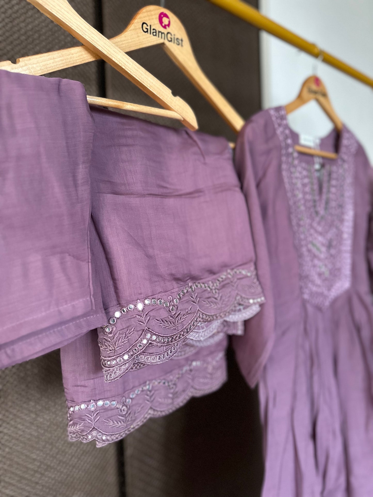 Mauve mirror work Mul Chanderi set