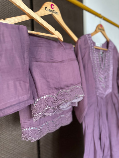 Mauve mirror work Mul Chanderi set